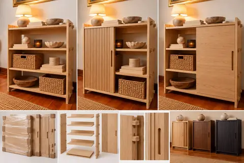 The Keyed Shelf Unit: open, with fluted or plain sliding door, flat-pack parts, joinery details and finish options