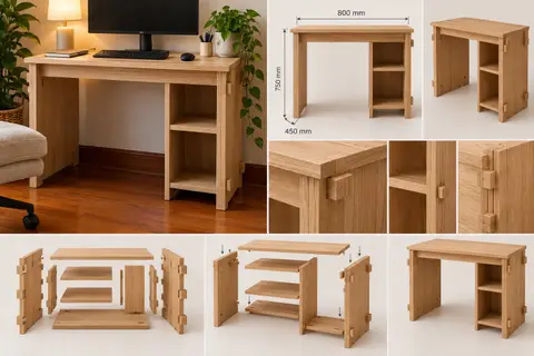 The Keyed Desk: in a home office, dimensions, joinery details and flat-pack assembly