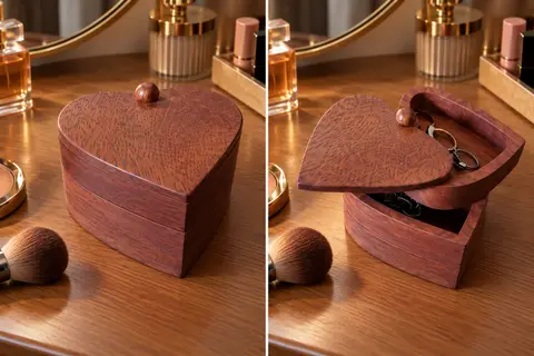 Heart-shaped wooden jewellery box, closed and with the lid swung open to show rings inside