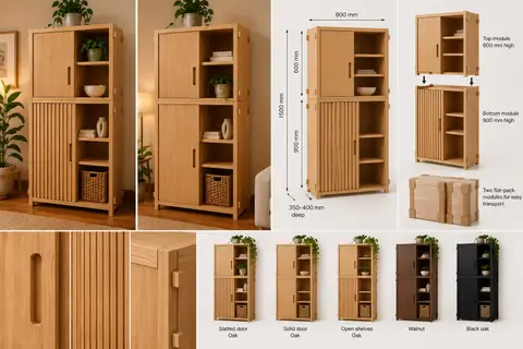 The Stacking Cabinet: 1500 mm two-module cabinet with sliding doors, dimensions, details and finish options